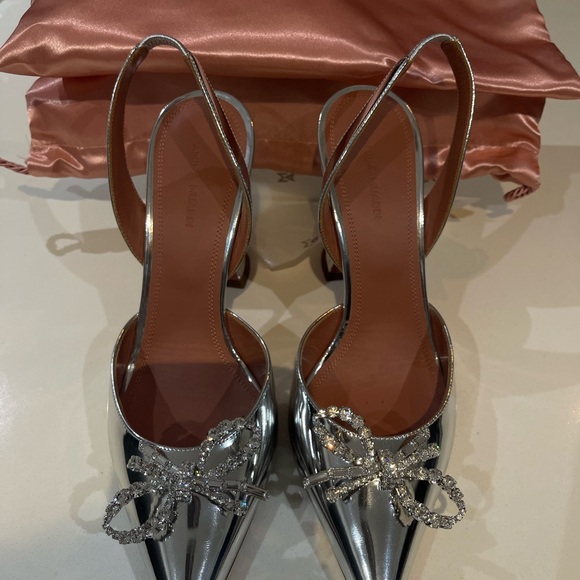 Amina Muaddi  Silver Heels with Crystal Bow - Picture 1 of 3